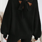 Black Ribbed Knit Ribbon Knot Backless Drop Shoulder Sweater