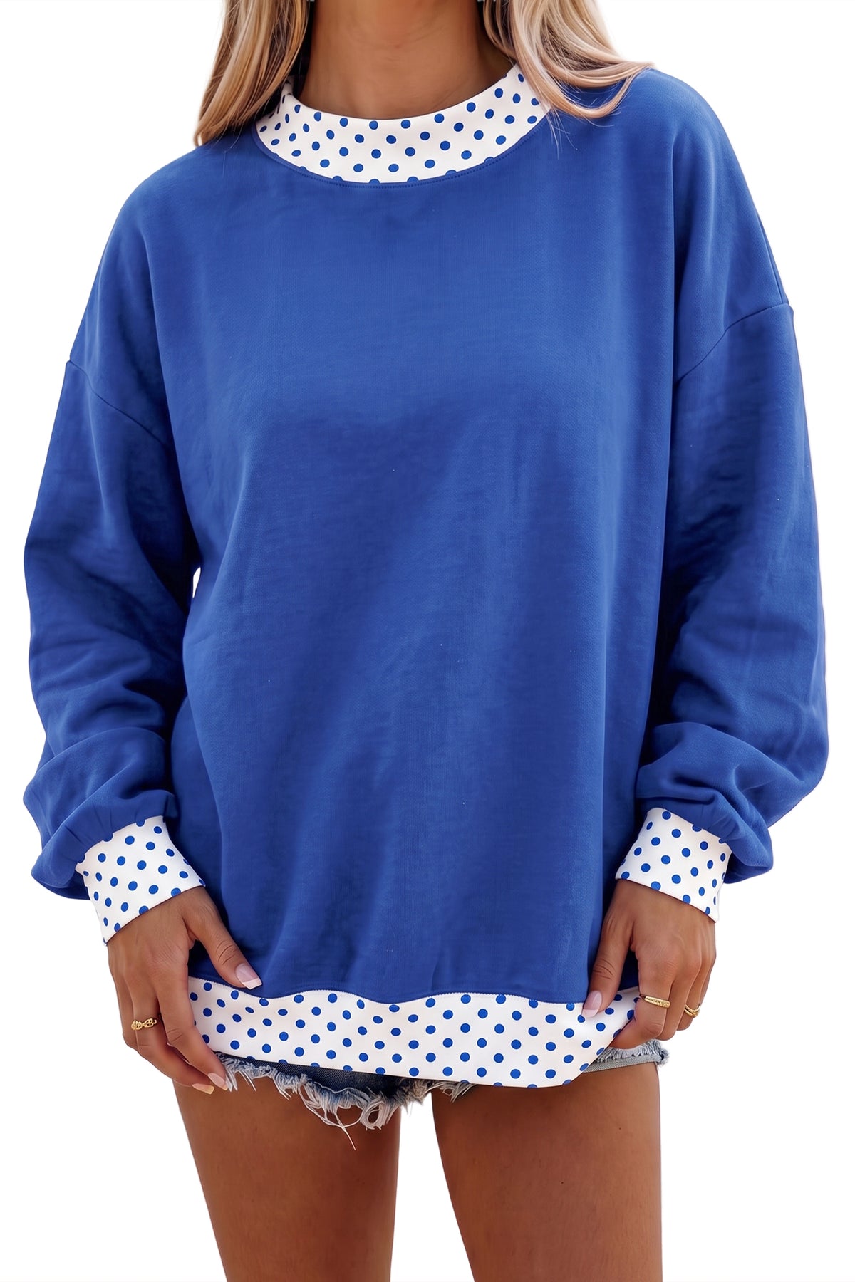 Dark Blue Colorblock Polka Dot Contrast Trim Oversized Sweatshirt