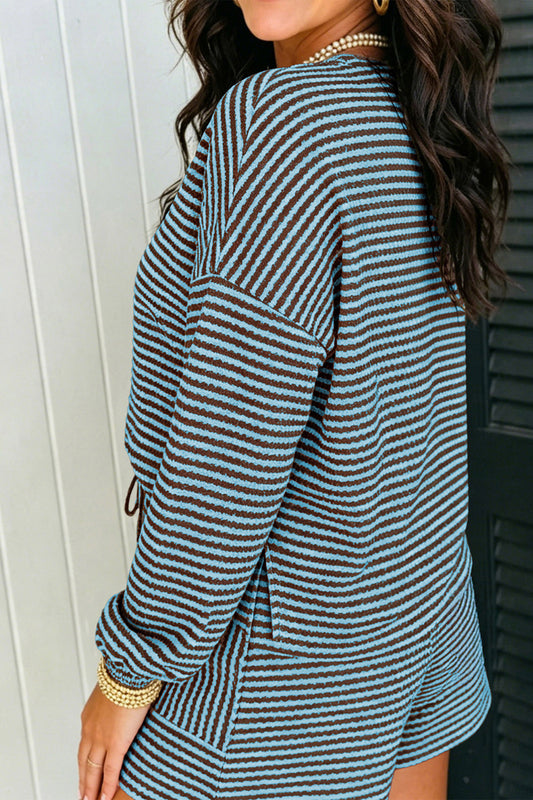Sky Blue Stripe Textured Knit Long Sleeve Top Elastic Waist Shorts Casual Outfit