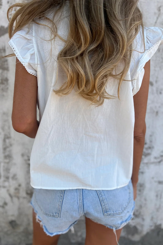 White Lace Detail Flutter Sleeve Pleated Round Neck Blouse