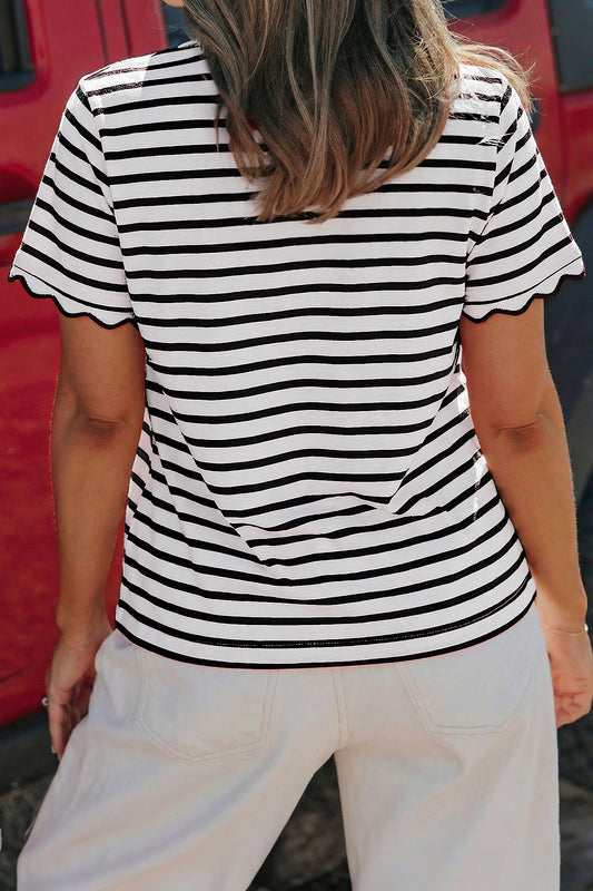 Black Stripe Scalloped Trim Round Neck T Shirt