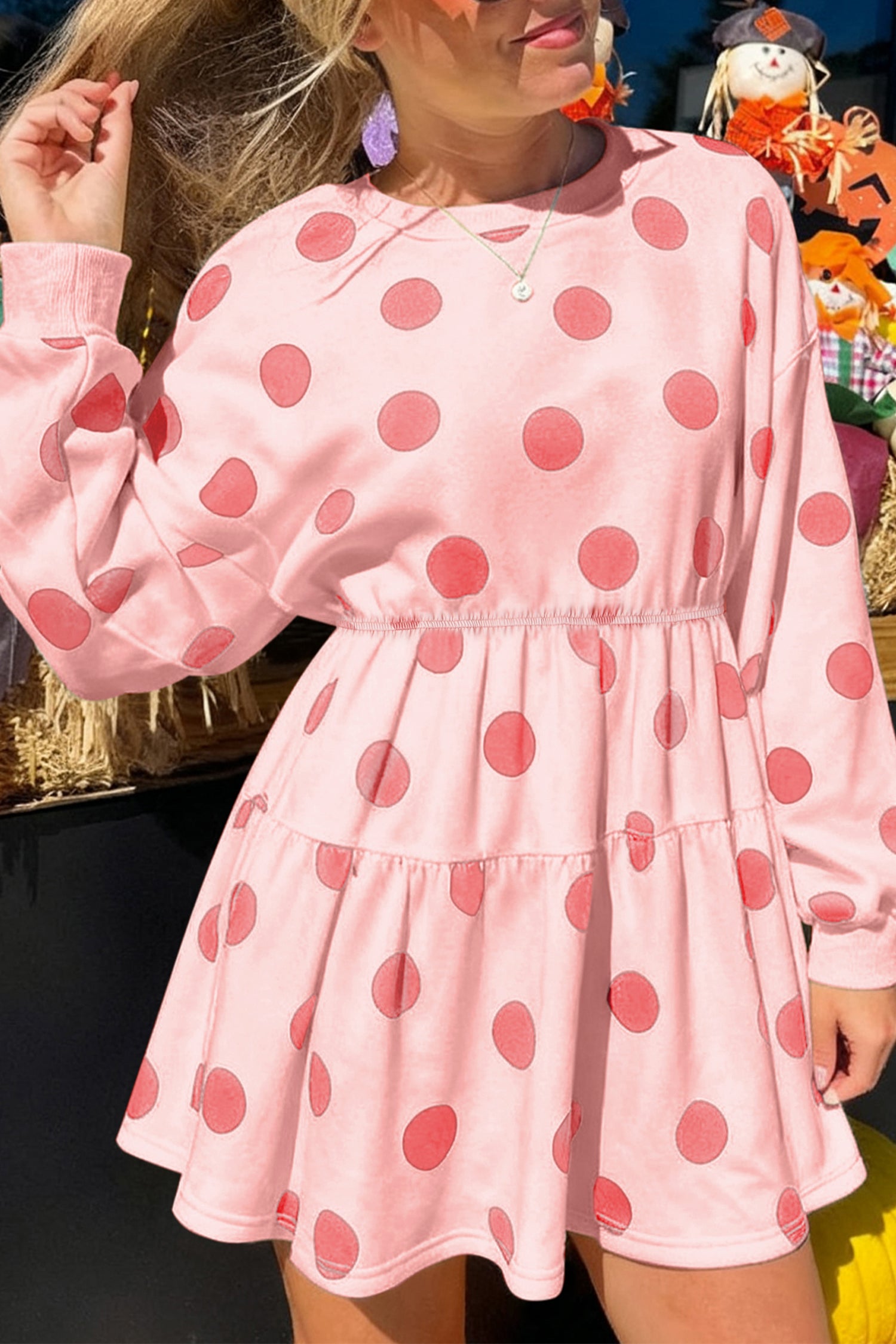 long sleeve dress pretty little thing Pink Polka Dot Printed Long Sleeve Flared Mini Dress – HannaBanna Clothing
