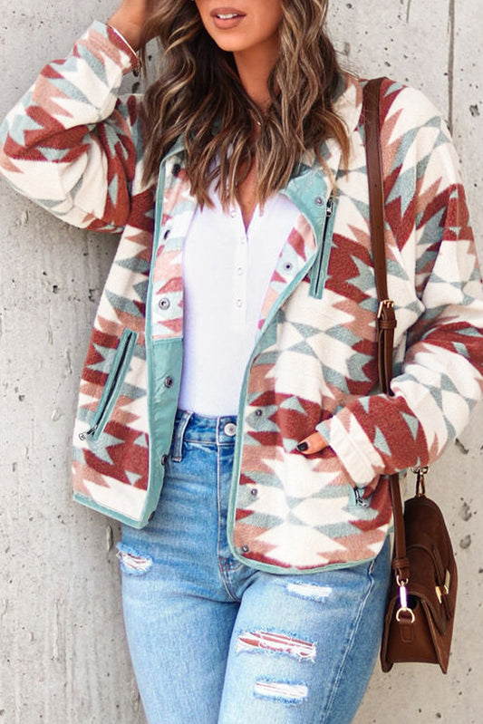 Chaqueta polar con bolsillos y cremallera abotonada azteca occidental roja