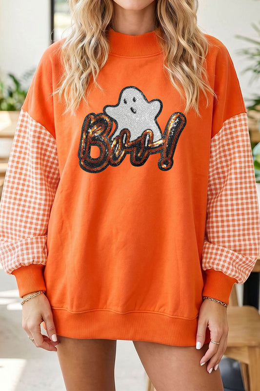 Russet Orange Boo Sequin Ghost Plaid Patchwork Sleeve Halloween Pullover Sweatshirt
