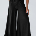 Black Ruffled Wide Leg Pull On High Waist Pants with Pockets