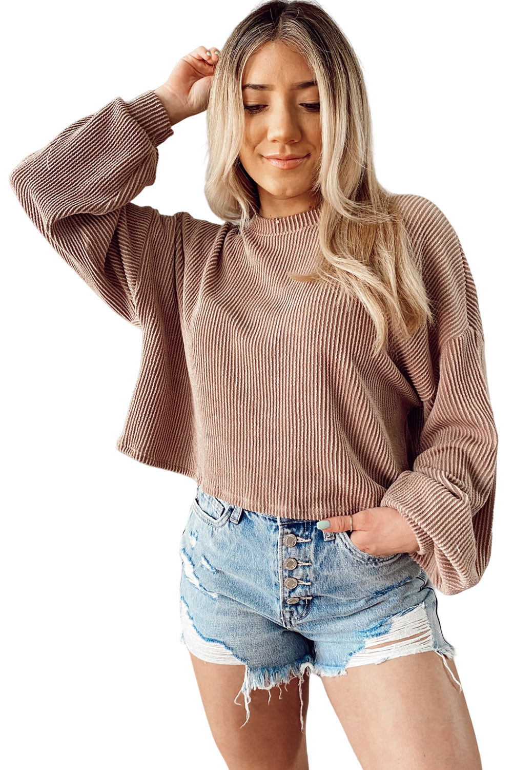 Haut décontracté à manches longues et épaules tombantes avec cordon noir