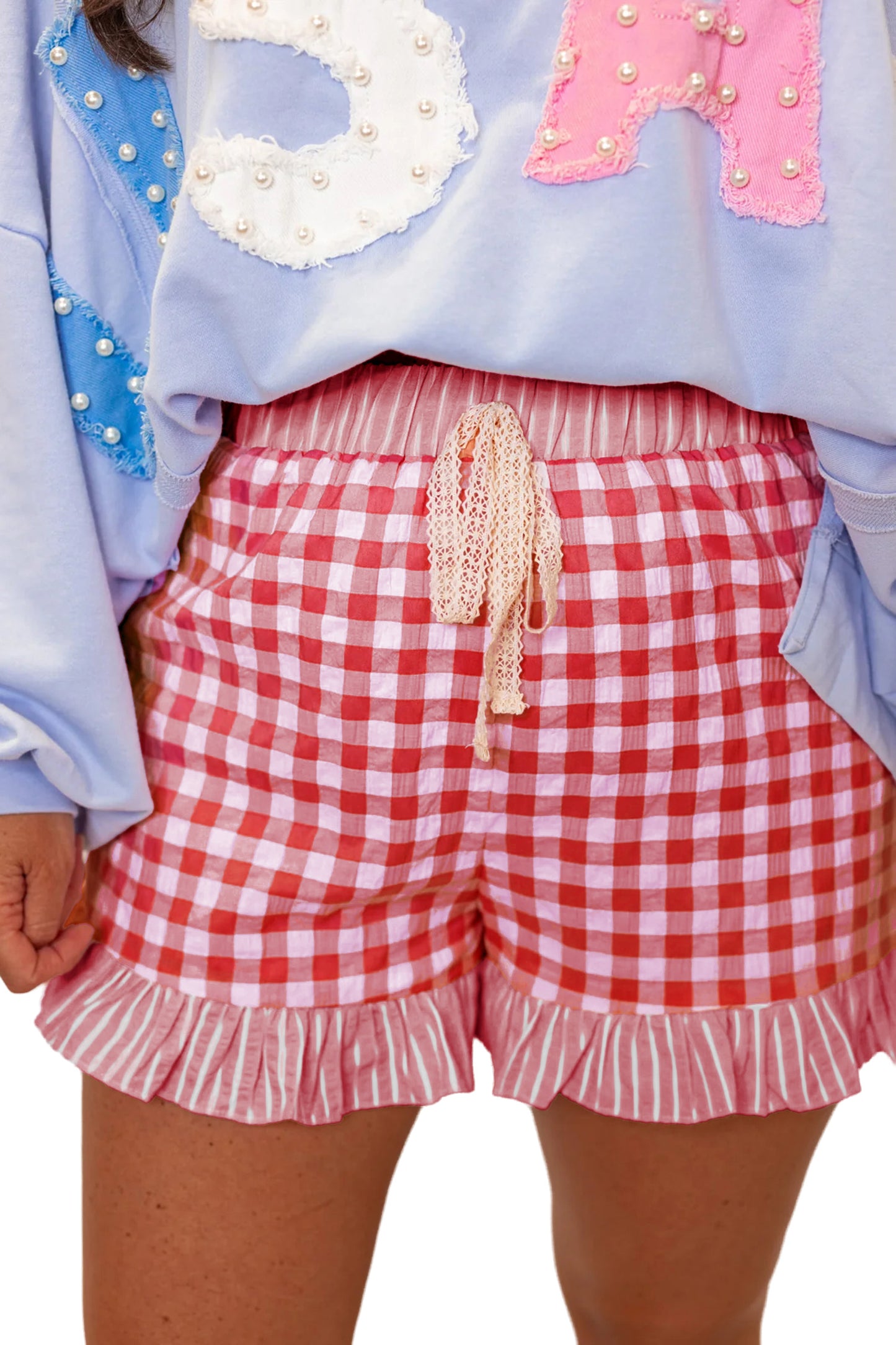 Red Gingham Print Ruffle Striped Detail Lace Tie Shorts