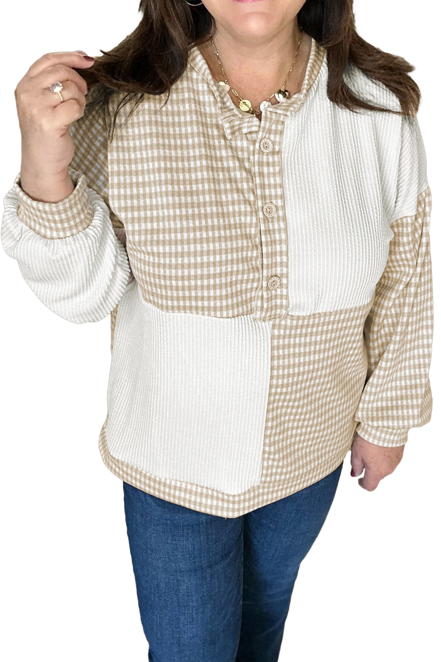 Khaki Patchwork Checkered Long Sleeve Round Neck Plus Size Blouse