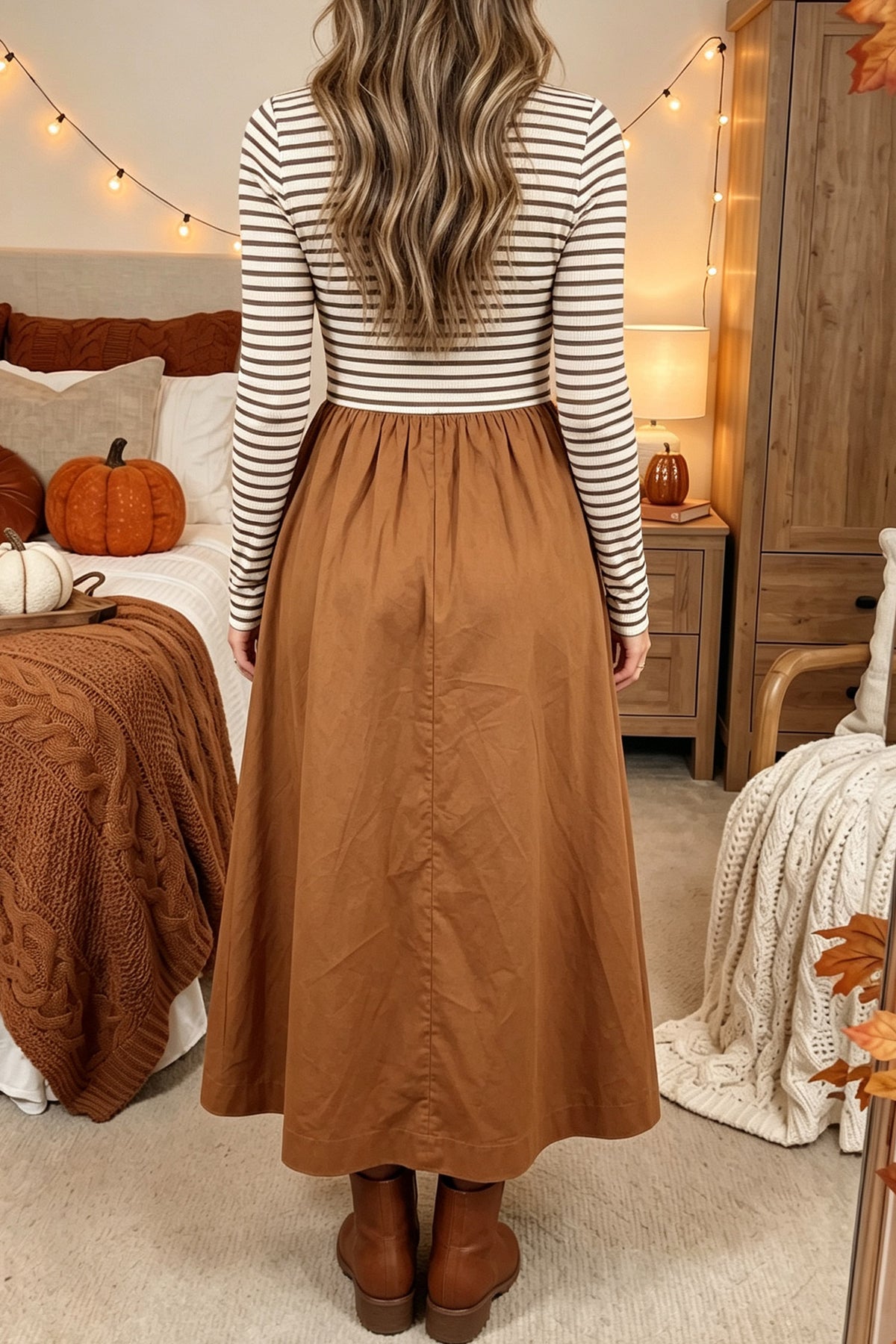 Brown Stripe Ribbed Knit Long Sleeve Bodice Contrast Patchwork Flared Dress
