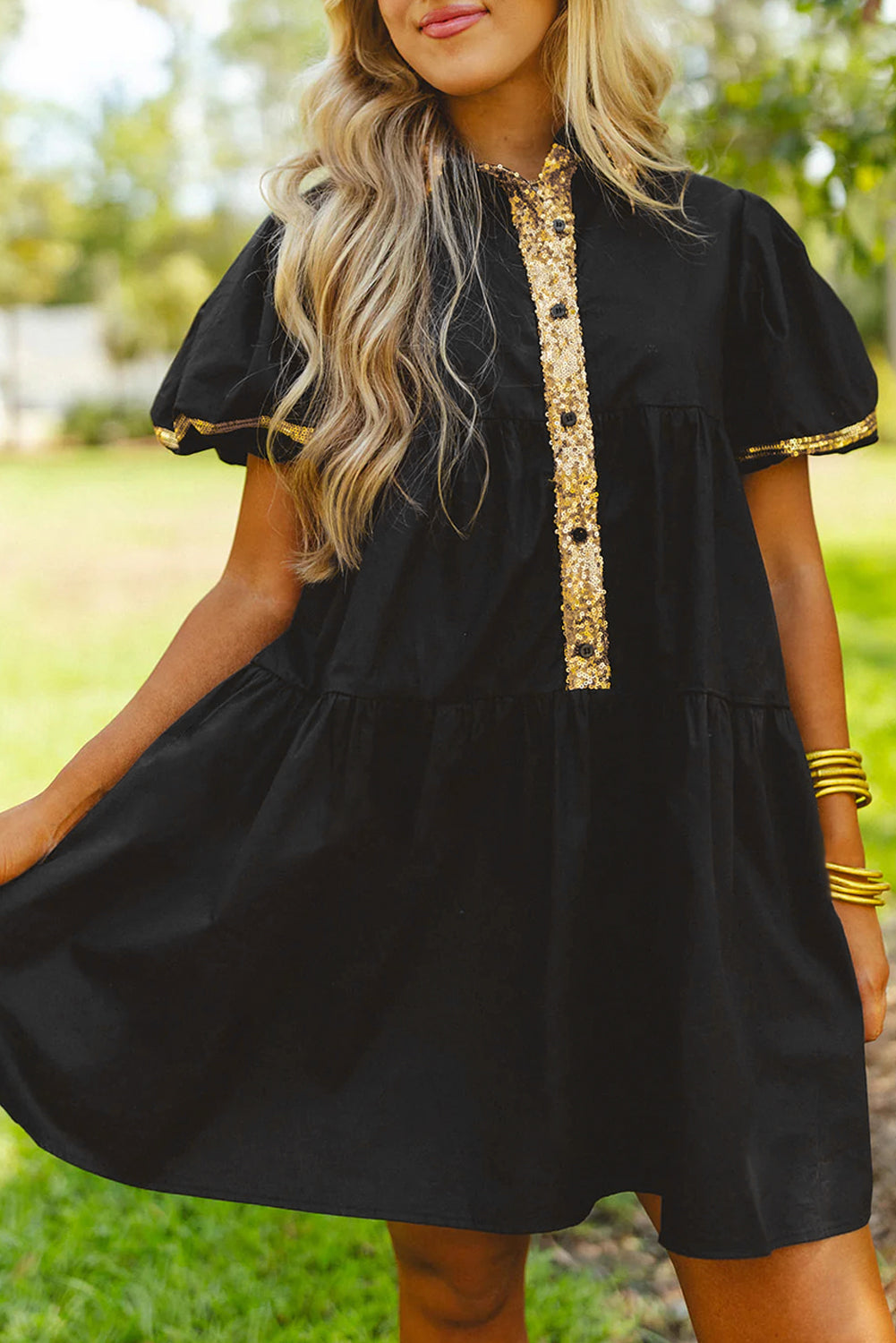Black Sequin Trim Bubble Sleeve Game Day Shirt Dress Black / S / 50%Polyester+50%Viscose