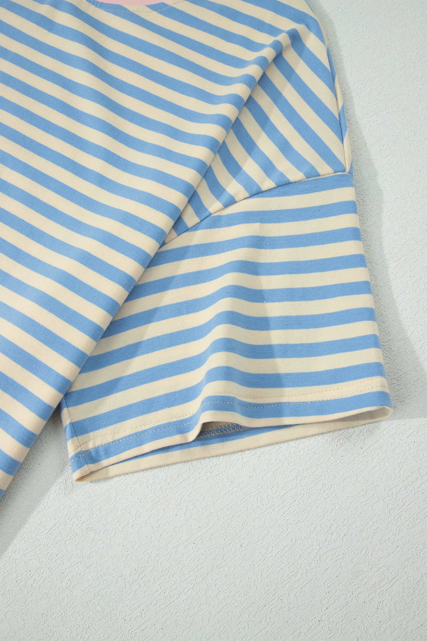 Sky Blue Stripe Plus Size Drop Shoulder Contrast Trim Round Neck Tee