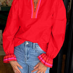 Fiery Red Striped Trim Ruffle Split Neck Long Sleeve Blouse