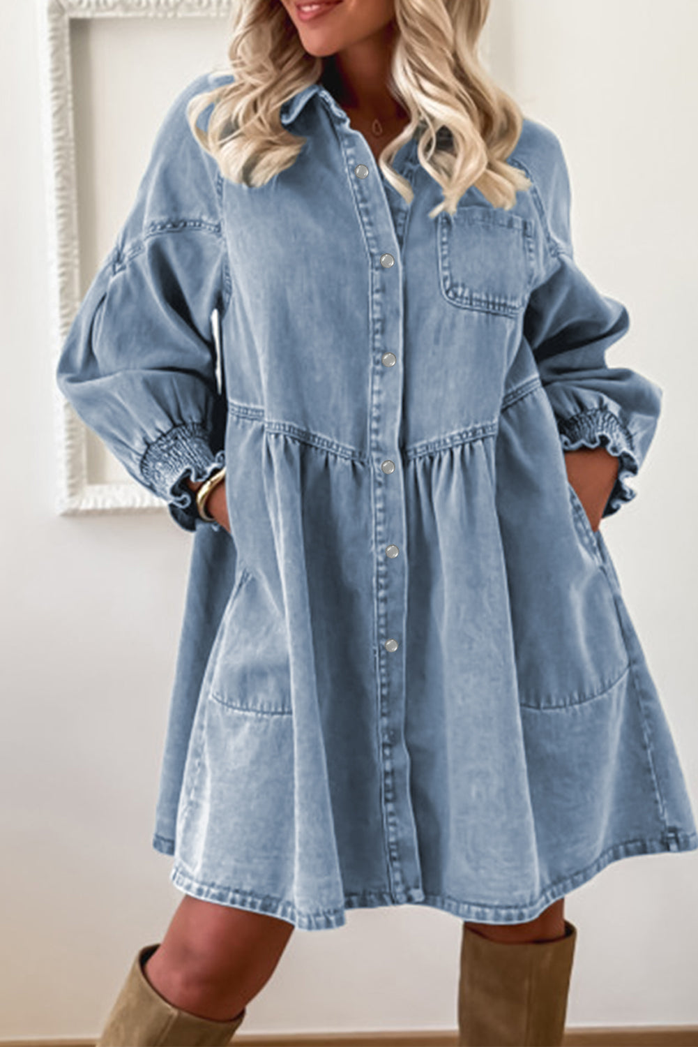 Beau Blue Smocked Cuffs Flared Denim Shirt Mini Dress  HannaBanna Clothing