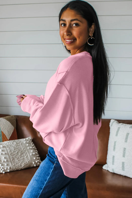Pink Horizontal Ribbed Exposed Seam Detail Drop Shoulder Baggy Pullover
