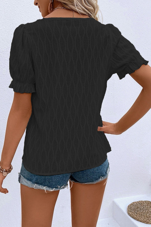 Black Solid Color Textured Notched Neck Puff Sleeve Blouse