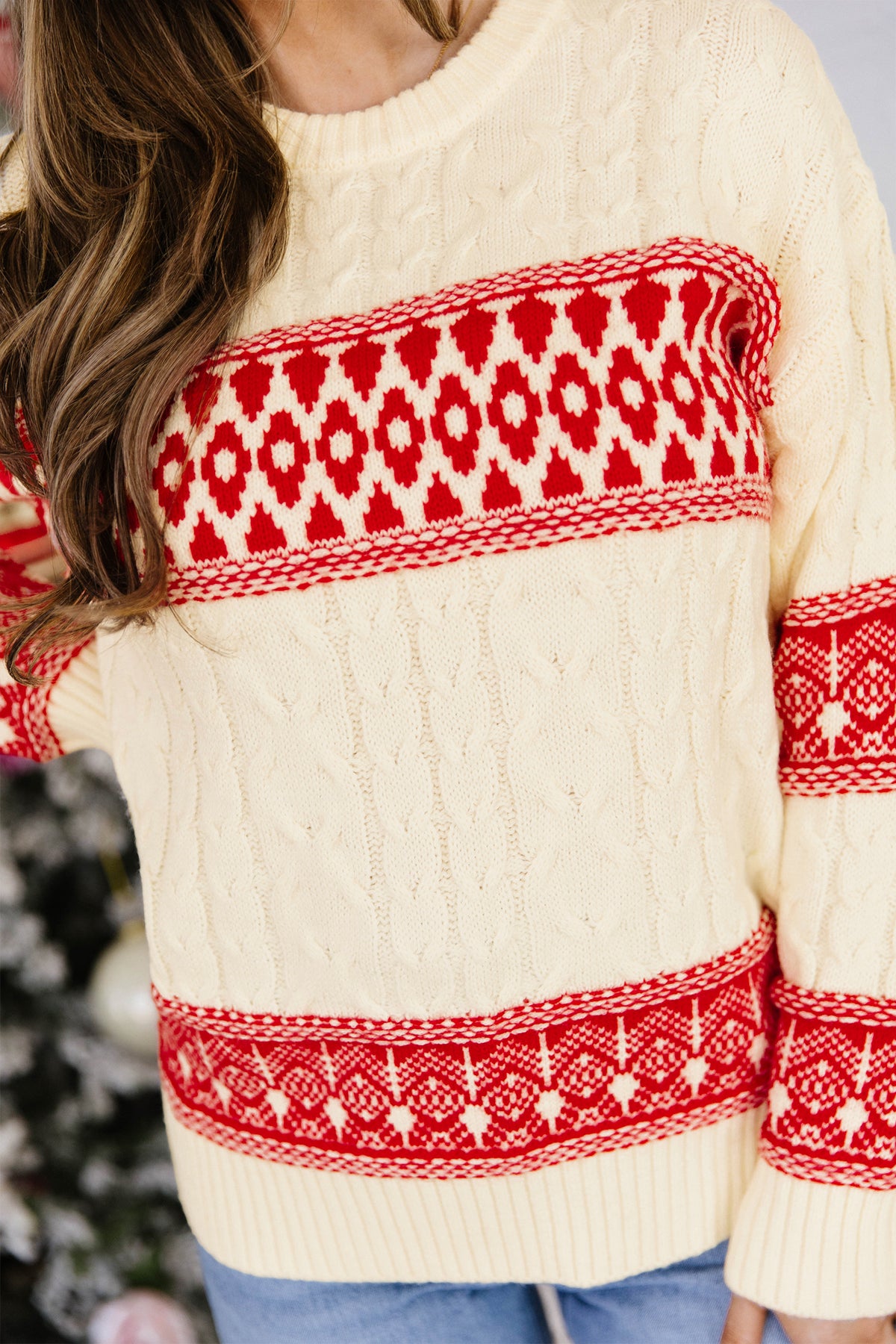 Red Western Print Round Neck Long Sleeve Shift Sweater