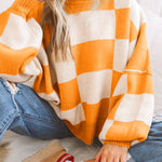 Orange Checkered Bishop Sleeve Sweater