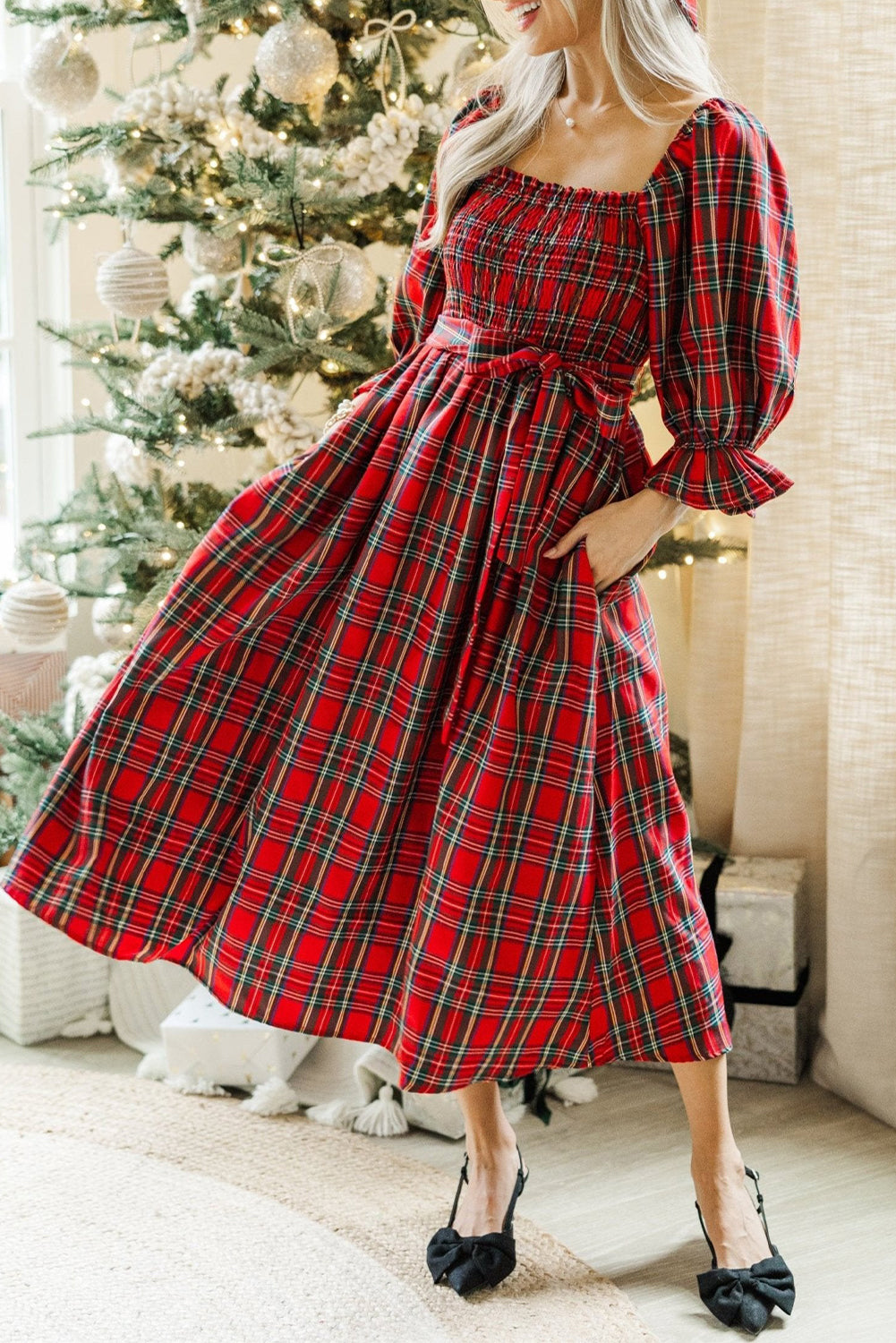 Red Tartan Plaid Smocked Square Neck 1/2 Puff Sleeve Tie Waist Midi Dress Red / L / 75%Polyester+25%Cotton