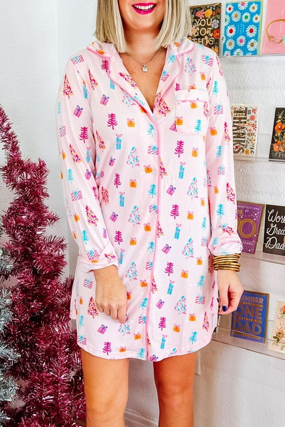 Pink Christmas Twinkle Tree Print Shirt Sleep Dress Pink / XL / 95%Polyester+5%Elastane