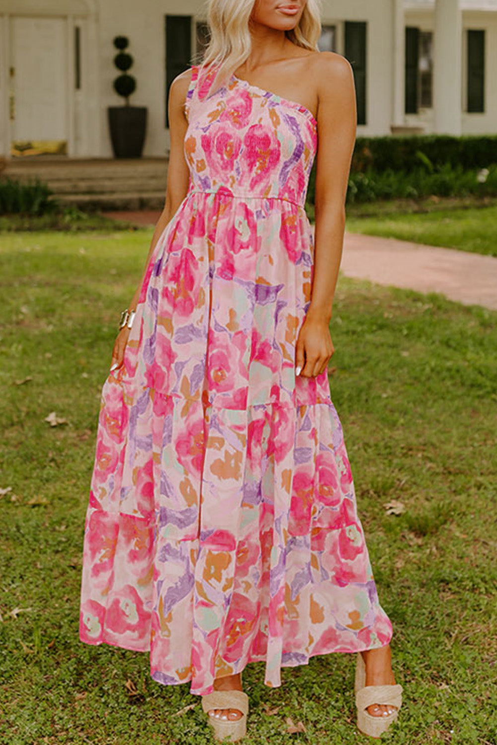 Pink Abstract Floral Print Shirred One Shoulder Maxi Dress HannaBanna Clothing Pink Abstract Floral Print Shirred One Shoulder Maxi Dress HannaBanna Clothing