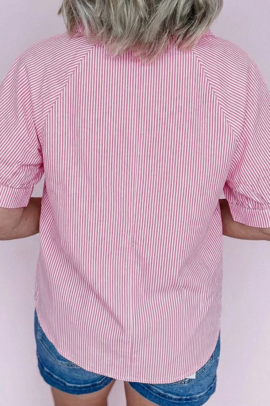 Pink Striped Print Collared Split Neck Half Sleeve Blouse