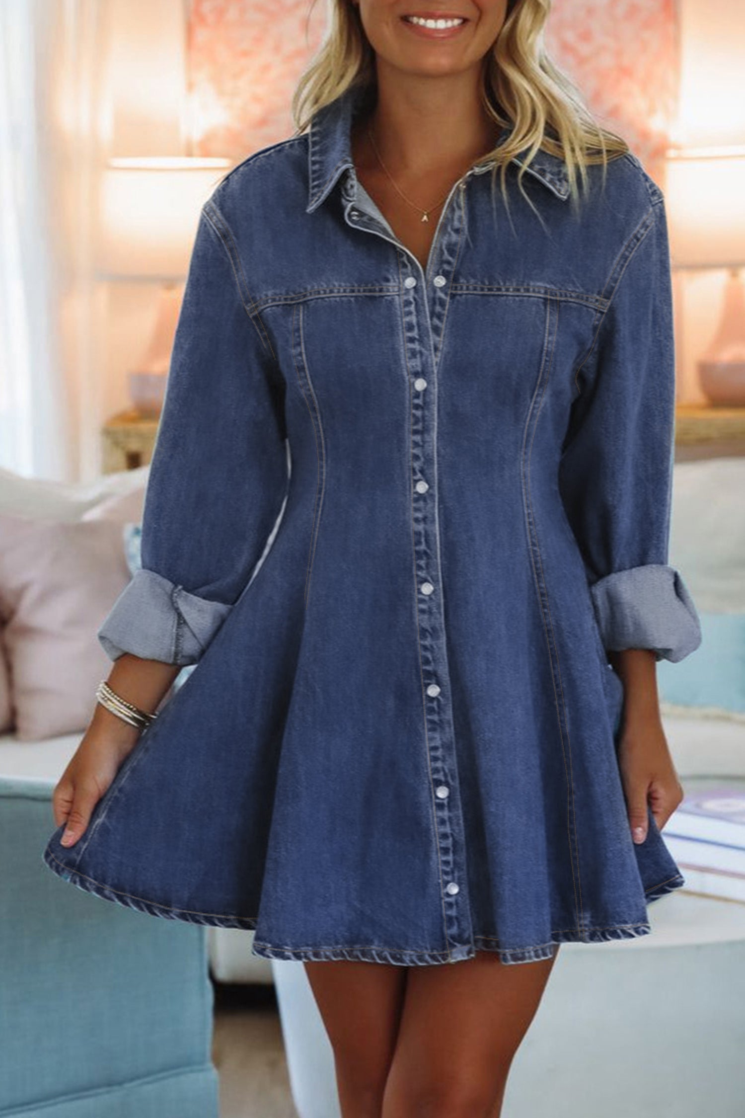 Ashleigh Blue Denim Shirt Collar Long Sleeve Flared Mini Dress Ashleigh Blue / M / 74.7%Cotton+16.5%Polyester+8.8%Regenrated Fibre