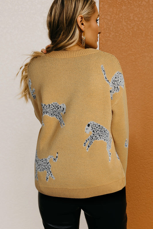 Pull col rond camel à motif guépard duveteux