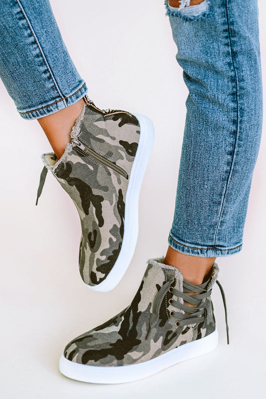 Camo Lace Up Raw Edge Platform Shoes