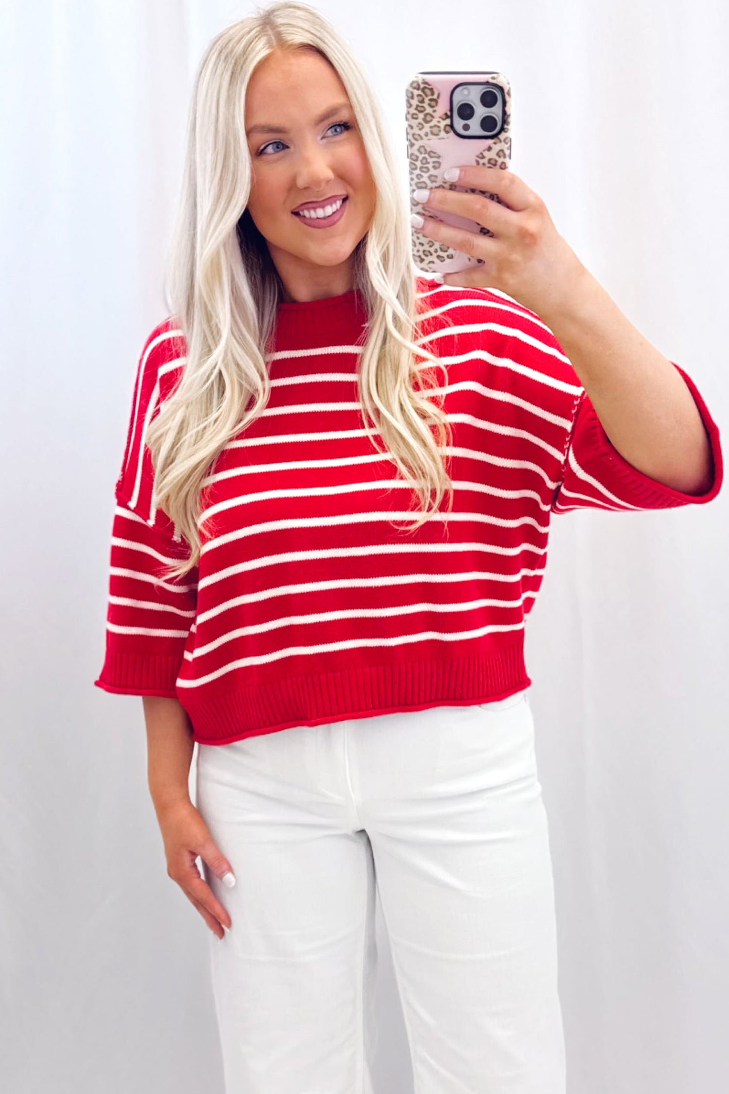 Red Stripe Dropped Shoulder Half Sleeve Relaxed Knit Sweater