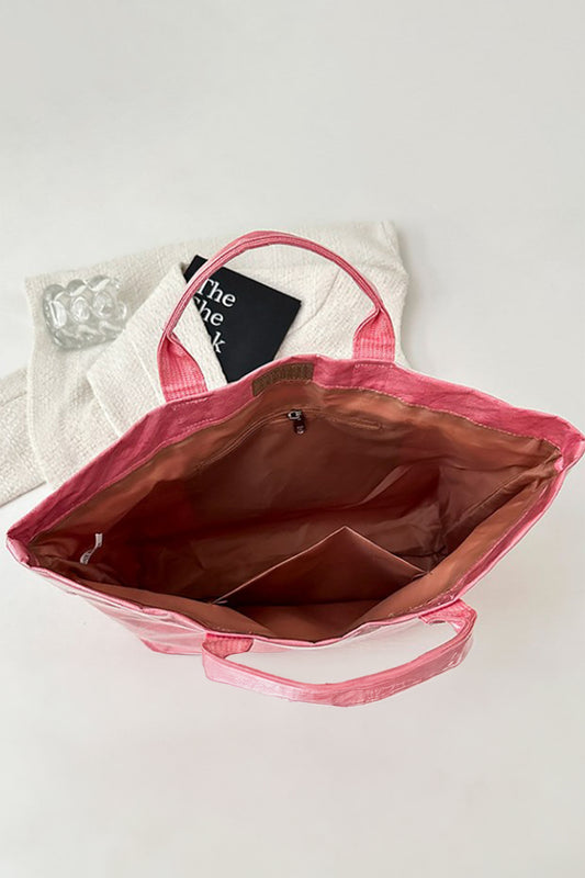 Rose Red Glossy Striped Vinyl Large Tote Bag (Color Varied)