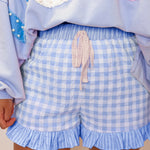 Sky Blue Gingham Print Ruffle Striped Detail Lace Tie Shorts