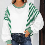 Green Stripe Colorblock Patchwork Contrast Stitching Oversize Sweatshirt