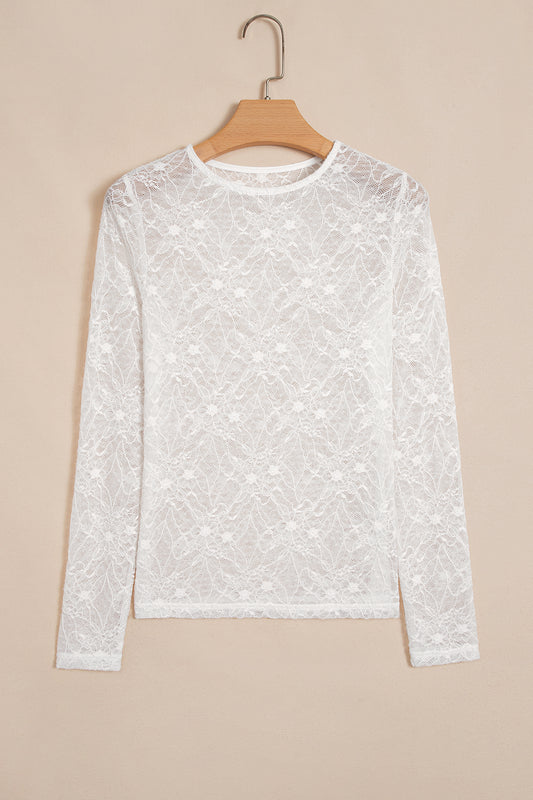 Beige Long Sleeve Sheer Mesh Lace Top