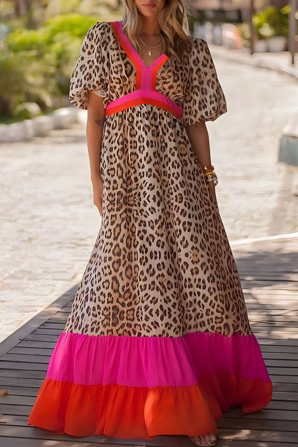 open lace back dress Pink Leopard Print Elasticated V Neck 3/4 Puff Sleeve Dress – The Perfect  Touch SA main image 0