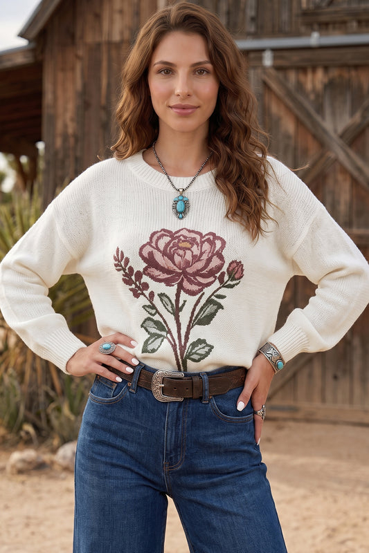 White Western Floral Dropped Shoulder Lightweight Knit Sweater