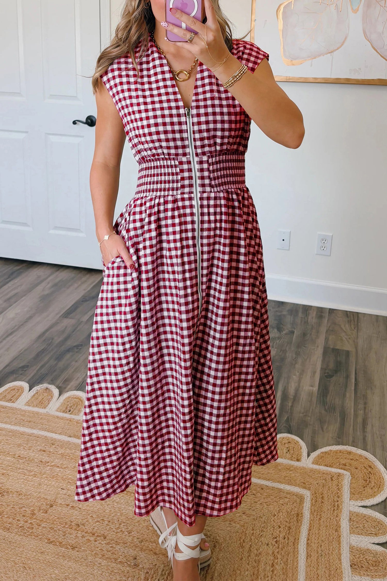 Red Plaid Print Full Zipper Cinched Waist Fit Flare Sleeveless Maxi Dress Red / M / 95%Cotton+5%Polyester