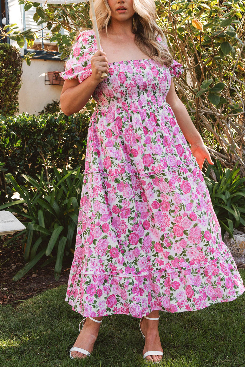 Pink Dainty Floral Smocked Puff Sleeve Flowy Long Dress Pink / L / 100%Polyester