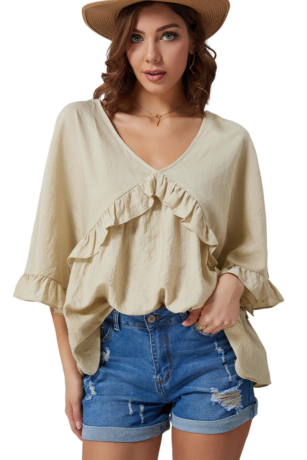 V Neck Draped Batwing Sleeve Ruffle Top