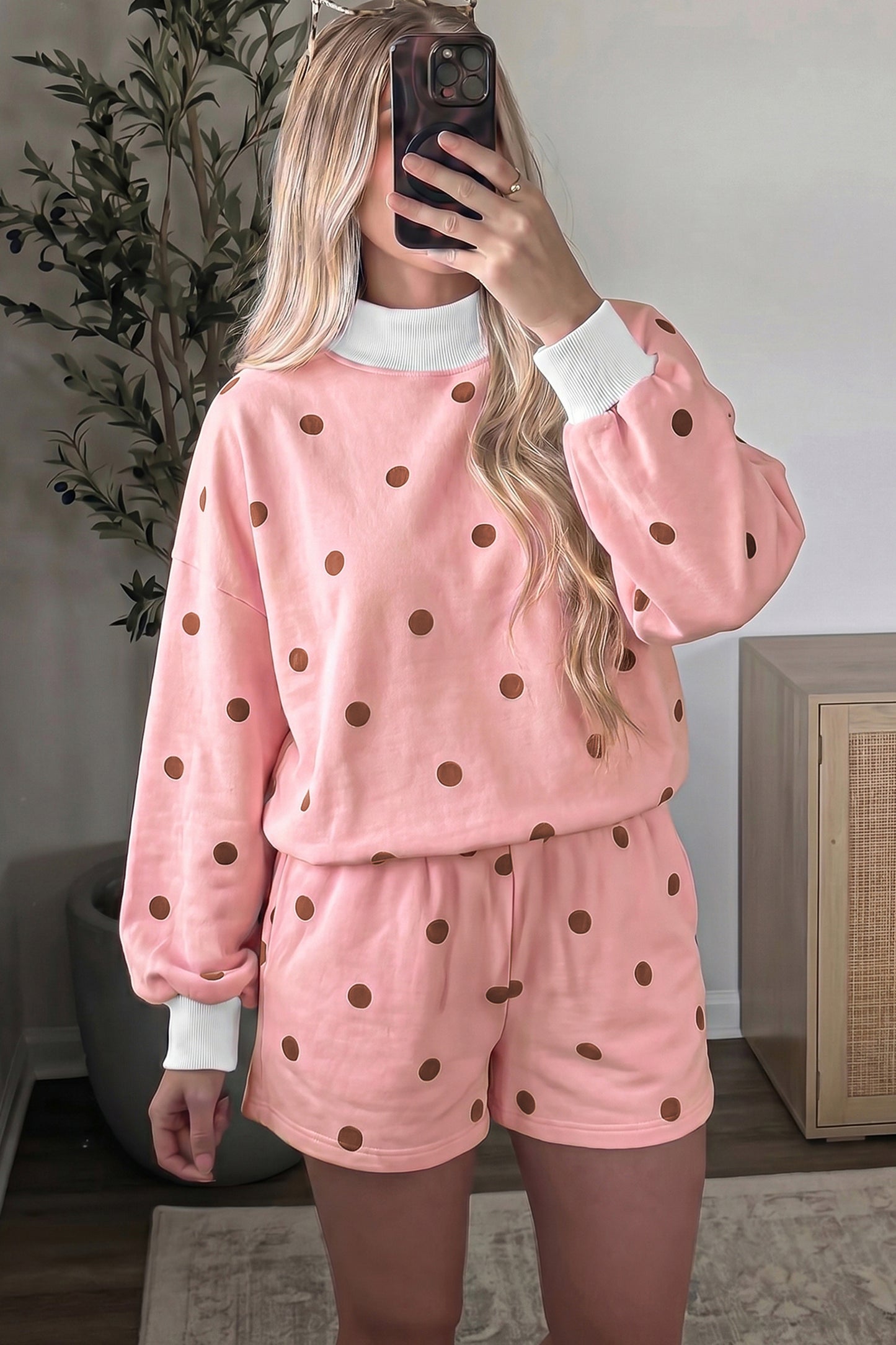 Pink Polka Dot Ribbed Trim Long Sleeve Top Casual Short Set