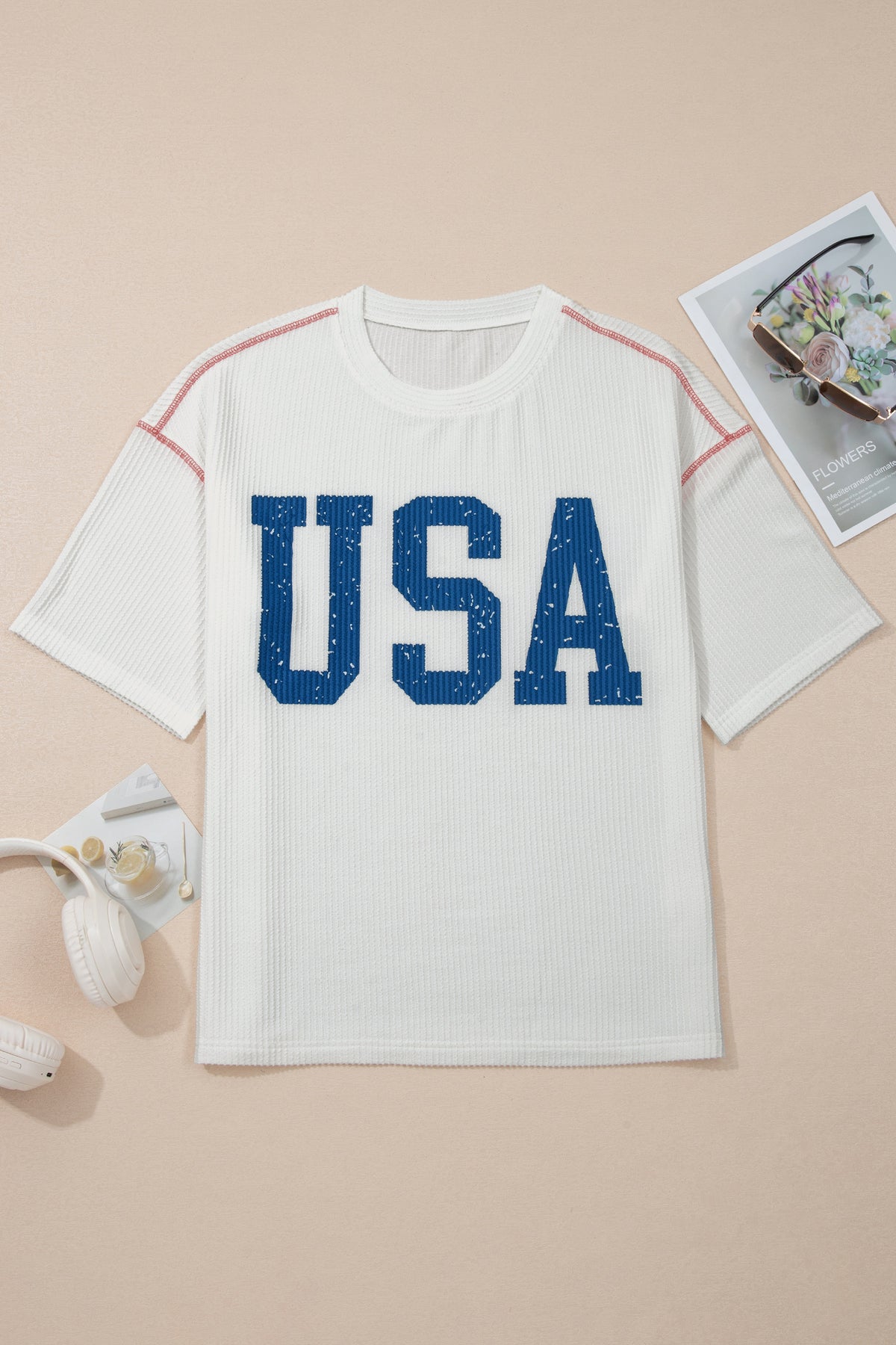 White USA Graphic Half Sleeve Loose Ribbed Top