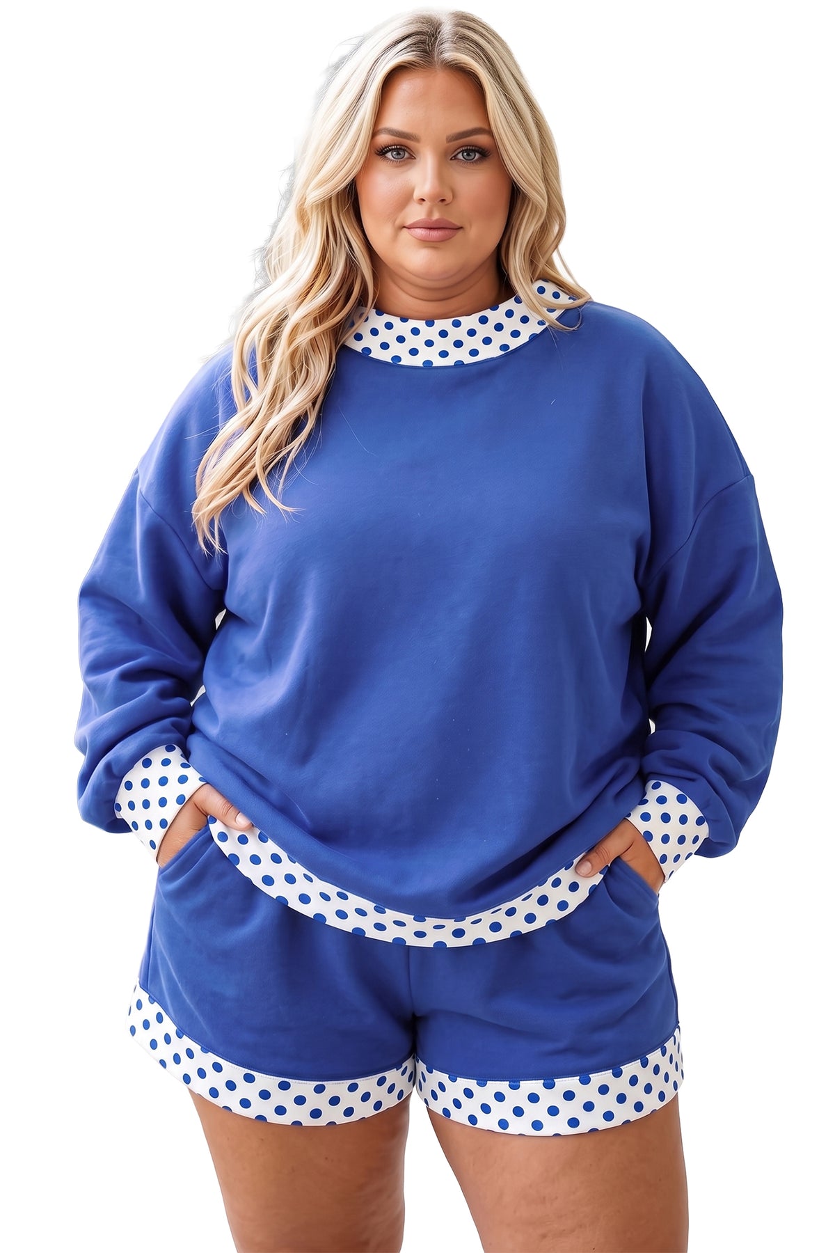 Dark Blue Polka Dot Patchwork Long Sleeve Plus Size Two-piece Outfits