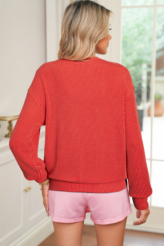 Fiery Red Twisted Rib Outlined Merry Letter Graphic Loose Long Sleeve Top