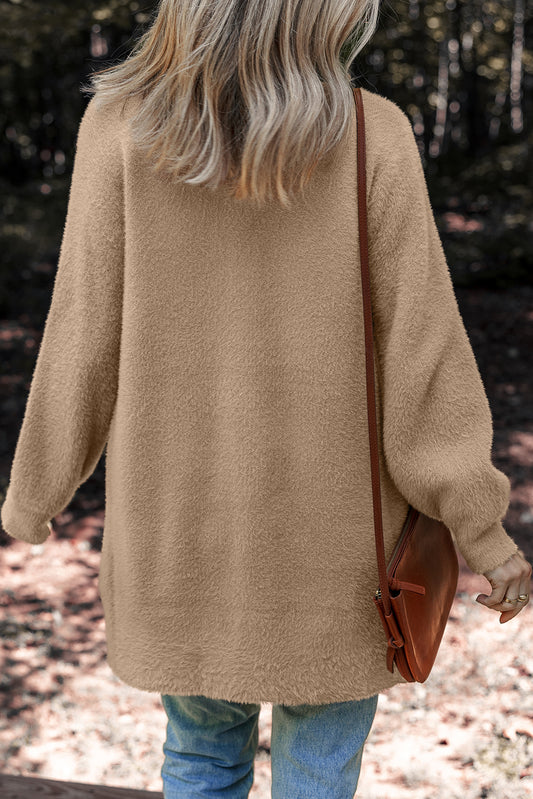 Smoke Gray Fuzzy Buttoned Front Midi Solid Cardigan