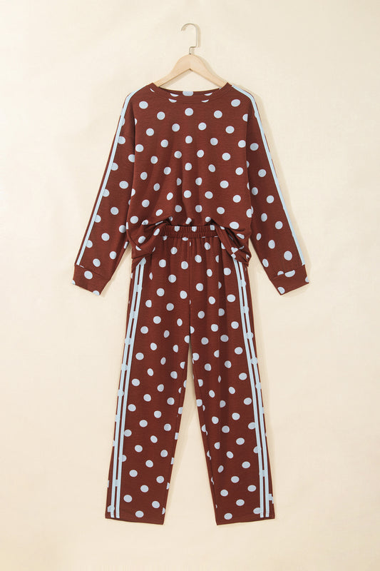 Brown Polka Dot Print Side Stripe Detail Long Sleeve Top Casual Pant Set
