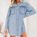 Beau Blue Chest Pocket Raw Hem Denim Loose Shirt Dress