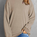 Khaki Solid Ribbed Knit Round Neck Pullover Sweatshirt