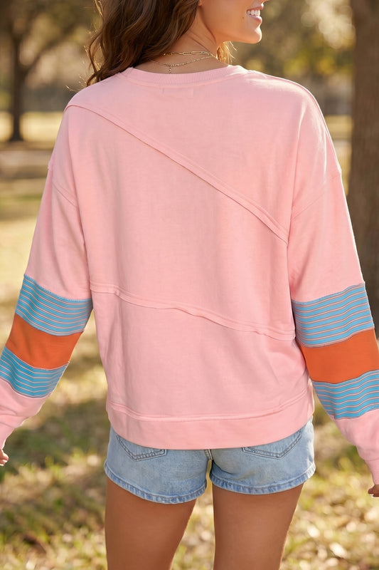 Pink Colorblock Striped Patchwork Long Sleeve Round Neck Blouse