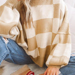 Khaki Checkered Bishop Sleeve Sweater