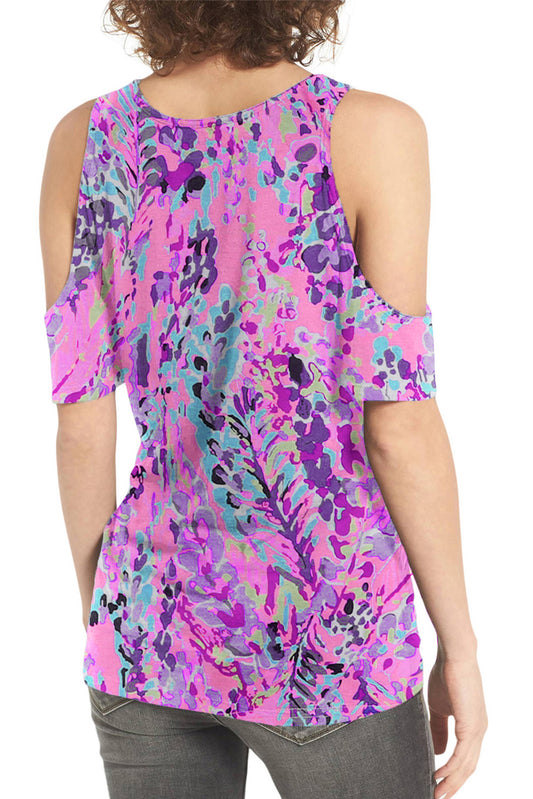 Multicolor Lavender Floral Print Cold Shoulder Blouse