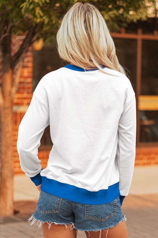 White GAME DAY Letter Graphic Varsity Striped Detail Baggy Sweatshirt